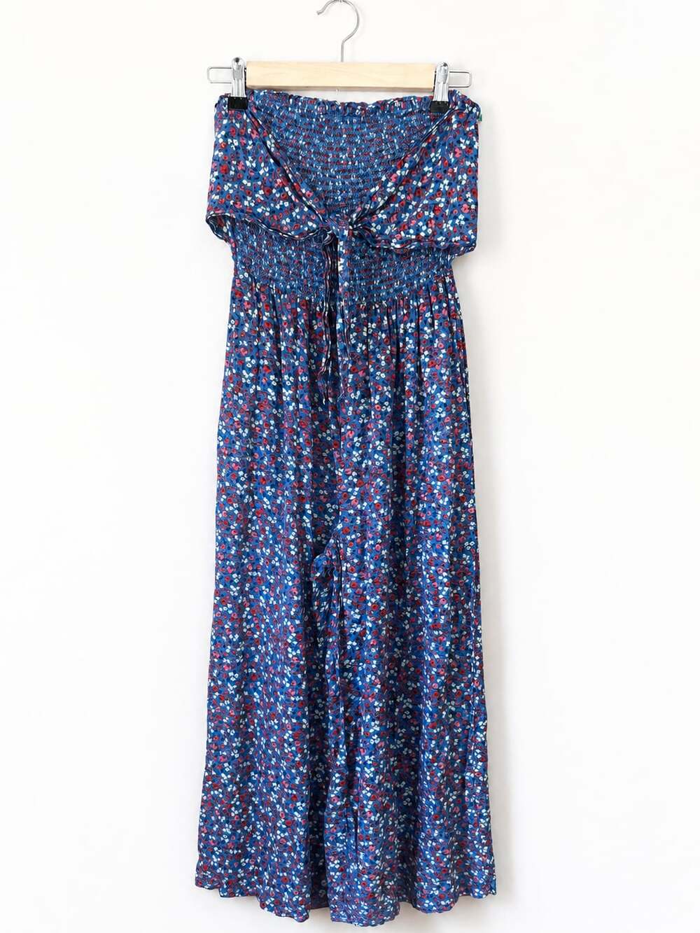 Patrons of Peace Blue Red Floral Smocked Tie-Front Strapless Jumpsuit Romper Siz